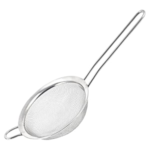 kuber industries 5 inch fine mesh soup and juice strainer stainless steel with long handle  chalni for kitchen big size  matcha strainerfiltersieve for various liquids  silver