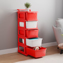 KUBER INDUSTRIES 5 Layer Modular Drawer Storage Rack with Wheels for Home & Office | White & Red Plastic Free Standing Chest of Drawers