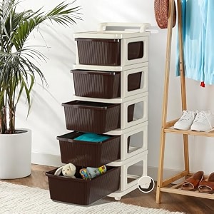 kuber industries 2 layer plastic modular storage drawer organizer with wheels  chest of drawer storage box for living room office school and home  toys organiser for kids room  ivory amp brown