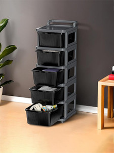 kuber industries 5 layer plastic modular storage drawer organizer with wheels  grey  black plastic free standing chest of drawers