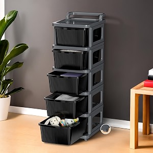 kuber industries 5 layer heavy duty plastic storage drawer with wheels  modular cabinet for bedroom office home  chest of drawers organiser for cosmetics kitchen items toys  grey amp black