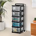 Kuber Industries 5 Layer Heavy Duty Plastic Storage Drawer with Wheels | Modular Cabinet for Bedroom, Office, Home | Chest of Drawers Organiser for Cosmetics, Kitchen items, Toys | Transparent Black