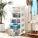 Kuber Industries 5 Layer Plastic Modular Storage Drawer Organizer with Wheels | Chest of Drawer Storage Box for Living Room, Office, School and Home | Toys Organiser for Kids Room | Transparent Ivory