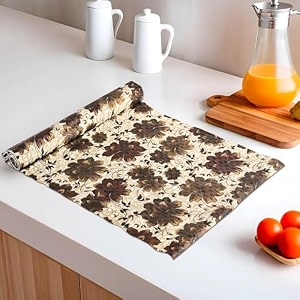 kuber industries 5 meters waterproof amp durable kitchen mats for shelf liner roll  wipeable fridge sheets for shelves cabinet drawer  brown flowers - cream
