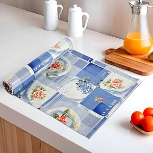 kuber industries 5 meters waterproof amp durable kitchen mats for shelf liner roll  wipeable fridge sheets for shelves cabinet drawer  orange rose - blue