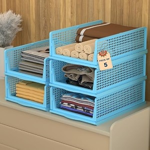 kuber industries 12 pcs foldable kids wardrobe organizer for clothes storage  stackable slide out baby dress organiser for wardrobe - home organizers for girls cupboard closet  blue