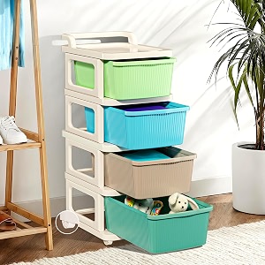 kuber industries 4 layer plastic modular storage drawer organizer with wheels  chest of drawer storage box for living room office school and home  toys organiser for kids room  multicolor