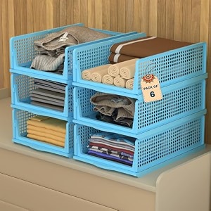 kuber industries 12 pcs foldable kids wardrobe organizer for clothes storage  stackable slide out baby dress organiser for wardrobe - home organizers for girls cupboard closet  blue