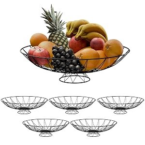 kuber industries 6 pcs metal fruits amp vegetables basket bowl with holding stand  veggie baskets for dining table accessories  storage bowls for decorative pantry  wrought - black