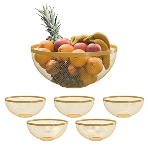 kuber industries 6 pcs metal fruits amp vegetables basket bowl  veggie baskets for dining table accessories  storage bowls for decorative pantry home amp kitchen multi-purpose use - golden