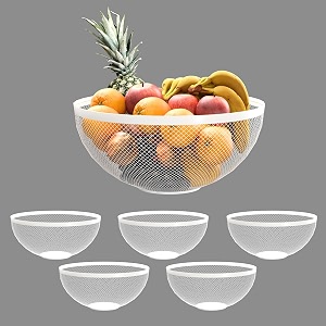 kuber industries 6 pcs metal fruits amp vegetables basket bowl  veggie baskets for dining table accessories  storage bowls for decorative pantry home amp kitchen multi-purpose use - white
