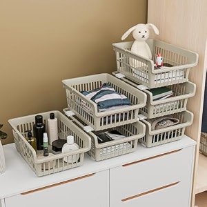 kuber industries 6 pcs set plastic stackable wardrobe organizer rack for storage  multipurpose sliding basket for modular kitchen and bathroom countertop  beige