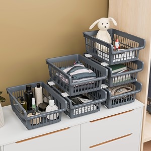 kuber industries 6 pcs set plastic stackable wardrobe organizer rack for storage  multipurpose sliding basket for modular kitchen and bathroom countertop  grey