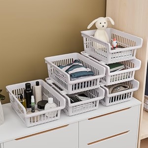 kuber industries 6 pcs set plastic stackable wardrobe organizer rack for storage  multipurpose sliding basket for modular kitchen and bathroom countertop  beige