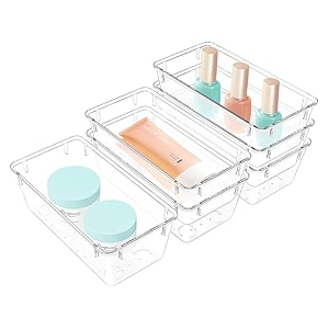 kuber industries acrylic 6 piece set storage organizer 3x6 inch kitchen amp makeup organizer tray set  drawer divider tray  multi-purpose desk organizer  stationery organizer  transparent