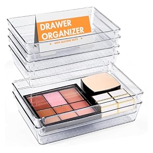 kuber industries acrylic 6 piece set storage organizer 3x6 inch kitchen amp makeup organizer tray set  drawer divider tray  multi-purpose desk organizer  stationery organizer  transparent