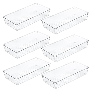 kuber industries acrylic 6 piece set storage organizer 3x6 inch kitchen amp makeup organizer tray set  drawer divider tray  multi-purpose desk organizer  stationery organizer  transparent