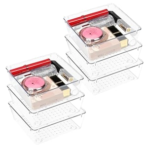 kuber industries acrylic 6 piece set storage organizer 3x6 inch kitchen amp makeup organizer tray set  drawer divider tray  multi-purpose desk organizer  stationery organizer  transparent
