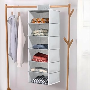 kuber industries 6-shelf foldable hanging organizer for wardrobe with velcro  10x15 inch  multipurpose almirah organizer clothes  space-saving amp lightweight design  plain grey