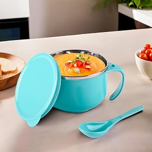 kuber industries 600ml airtight-lid stainless steel soup bowl with spoon amp holder  leakproof food container for noodles pasta amp milk  maggie bowl amp souptok for eating  blue
