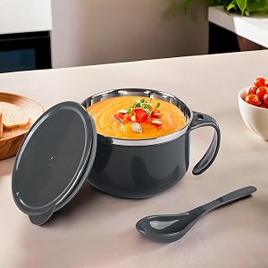 kuber industries 600ml airtight-lid stainless steel soup bowl with spoon amp holder  leakproof food container for noodles pasta amp milk  maggie bowl amp souptok for eating  grey