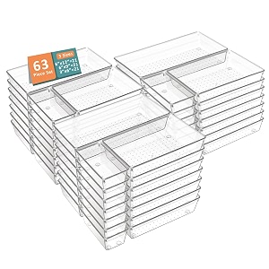 kuber industries 99 pcs set multi-purpose transparent drawer organizers  plastic trays for storage kitchen amp aesthetic dressing table organisers for cosmetics makeup amp stationery  transparent