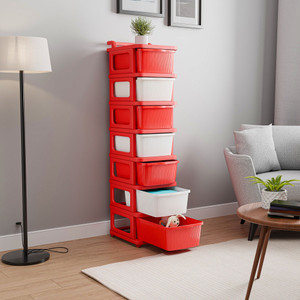kuber industries 7 layer modular drawer storage rack with wheels for home  office  white  red plastic free standing chest of drawers