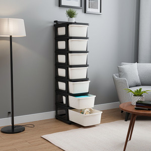 kuber industries 7 layer modular drawer storage rack with wheel for home  office  white  black plastic free standing chest of drawers