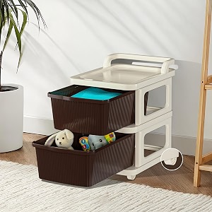 kuber industries 2 layer plastic modular storage drawer organizer with wheels  chest of drawer storage box for living room office school and home  toys organiser for kids room  ivory amp brown