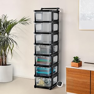 kuber industries 7 layer heavy duty plastic storage drawer with wheels  modular cabinet for bedroom office home  chest of drawers organiser for cosmetics kitchen items toys  transparent black