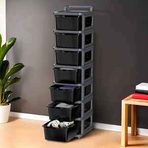 kuber industries 7 layer plastic modular storage drawer organizer with wheels  grey  black plastic free standing chest of drawers