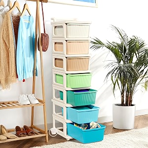 kuber industries 7 layer plastic modular storage drawer organizer with wheels  chest of drawer storage box for living room office school and home  toys organiser for kids room  multicolor