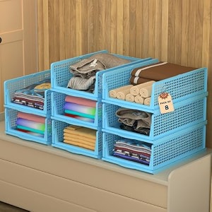kuber industries 12 pcs foldable kids wardrobe organizer for clothes storage  stackable slide out baby dress organiser for wardrobe - home organizers for girls cupboard closet  blue