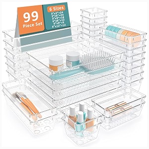 kuber industries 99 pcs set multi-purpose transparent drawer organizers  plastic trays for storage kitchen amp aesthetic dressing table organisers for cosmetics makeup amp stationery  transparent