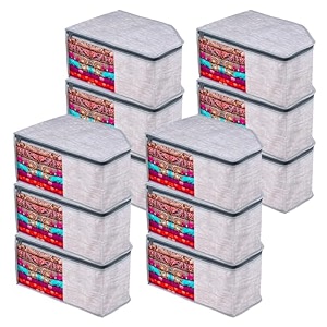 kuber industries blouse cover  clothes storage bag  zipper closure wardrobe organizers  clothes organizer with transparent window  jute printed clothes bag  pack of 12  gray