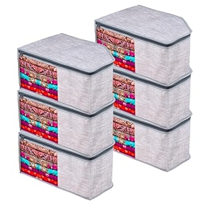 kuber industries blouse cover  clothes storage bag  zipper closure wardrobe organizers  clothes organizer with transparent window  jute printed clothes bag  pack of 6  gray 20 cm 27 cm