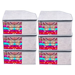 kuber industries blouse cover  clothes storage bag  zipper closure wardrobe organizers  clothes organizer with transparent window  clothes bag  jute printed  pack of 6  gray