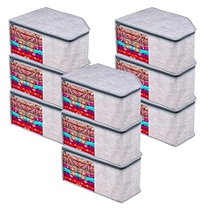 kuber industries blouse cover  clothes storage bag  zipper closure wardrobe organizers  clothes organizer with transparent window  jute printed clothes bag  pack of 9  gray 27 cm