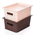 Kuber Industries BPA Free Attractive Design Multipurpose Small Trendy Storage Basket With Lid|Material-Plastic|Color-BrownBeige|Pack of 2