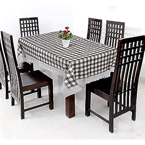 kuber industries checks print table cloth 6 seaterwaterproof dining table cover 6 seatertable protector for indoor amp outdoor 90x60 white amp black