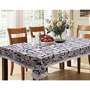 kuber industries circle print table cloth 6 seaterwaterproof dining table cover 6 seatertable protector for indoor amp outdoor 90x60 blue
