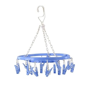 kuber industries cloth drying hanger  16 clips baby drying pegs  360 degree rotatable hanger  clip stand for cloth  round cloth drying stand  blue 30 x 30 x 44 cm