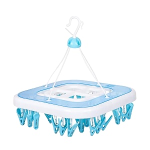 kuber industries cloth drying hanger  36 clips baby drying pegs  360 degree rotatable hanger  clip stand for cloth  square  transparent blue 36x36x36 cm