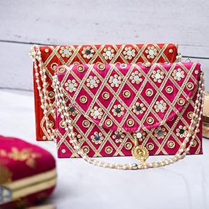 kuber industries ladies hand purse with handle  traditional shagun amp baby shower clutch purse  mirror check  pack of 2  multicolor