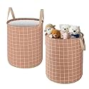 Kuber Industries Pack of 2 Cotton 45L Toys Organizer for Kids Room - Foldable Soft Toys Storage Bag/Basket/Container with Handle | Checks -Light Brown