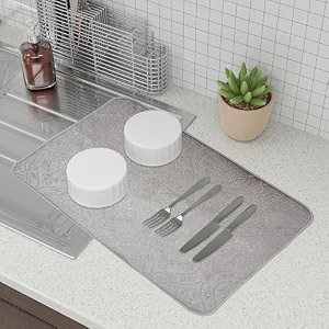 kuber industries dish dry mat  microfiber drying mat  kitchen drying mat  self dish dry mat  water absorbent kitchen mat  embossed dish dry mat  38x50  gray