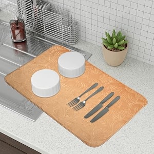 kuber industries microfiber dish drying mat - kitchen water absorbent mat - embossed self-drying - 38x50 - brown