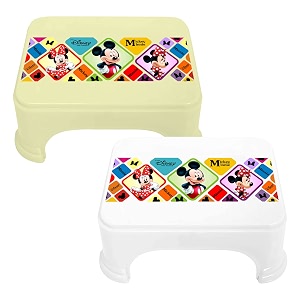kuber industries disney mickey amp minnie print bathroom stooldurable plastic stool for kitchenstool for kidspatla for toiletpack of 2 white amp cream