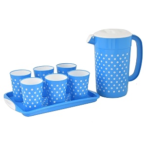 kuber industries dot printed bpa free food grade plastic 6 tumblersglass set with jug amp tray drinkware set set of 8 blue-hs42kubmart25097