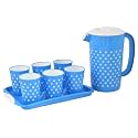 Kuber Industries Dot Printed BPA Free Food Grade Plastic 6 Tumblers/Glass Set with Jug & Tray Drinkware Set, Set of 8 (Blue)-HS42KUBMART25097